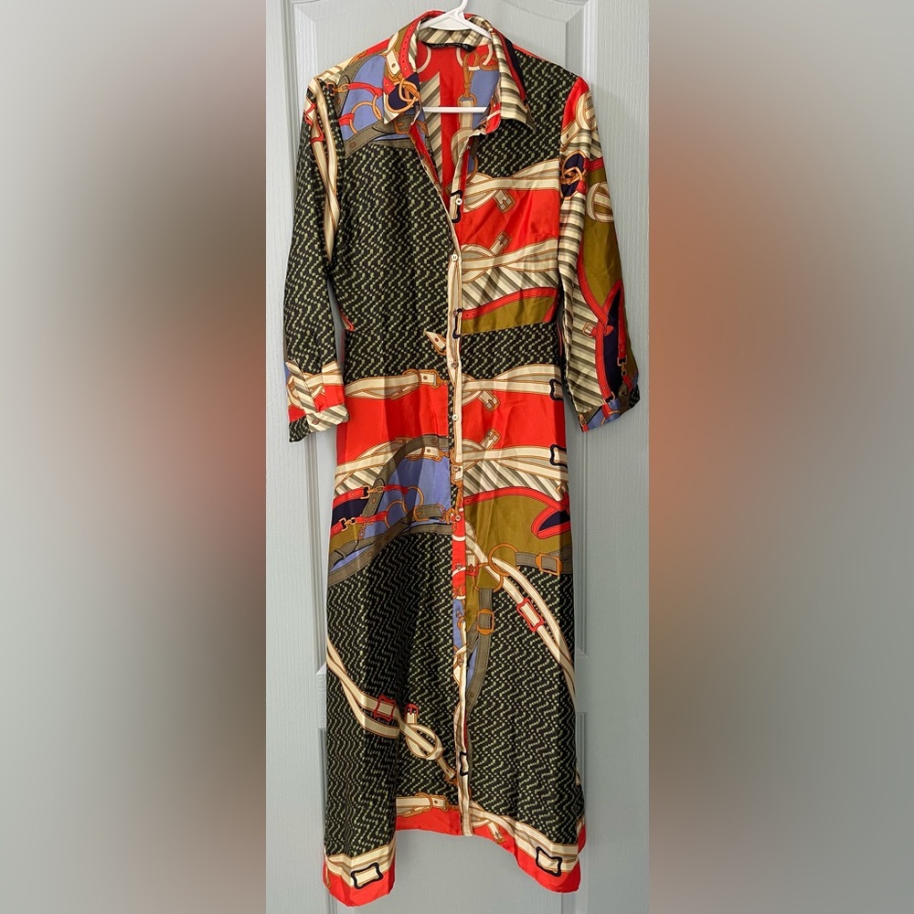 Zara Vibrant Long Sleeve Dress with Red and Black Accents
